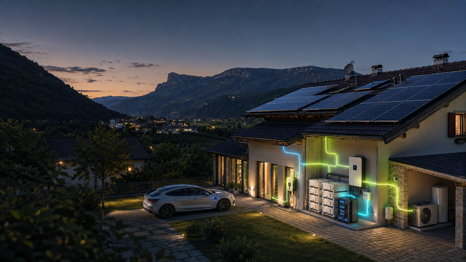 3D-Visualisierung eines Südtiroler Hauses bei Meran mit Photovoltaik, Speicher, Wärmepumpe, Elektroauto und vernetzten Energieflüssen