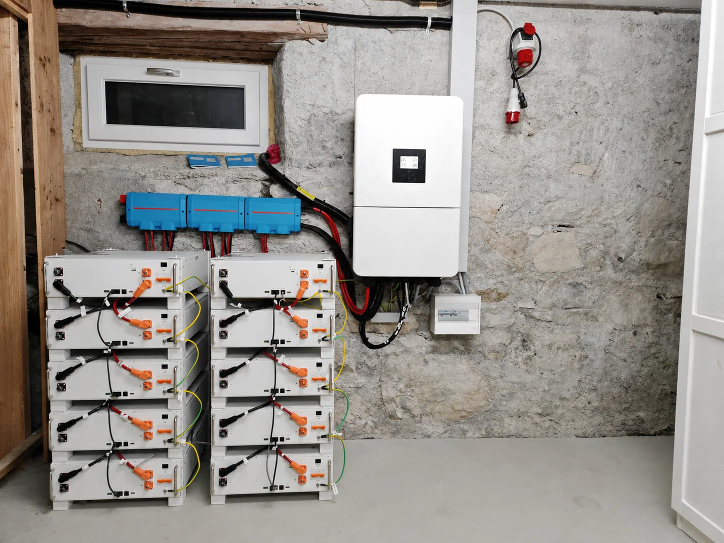 Großer Batteriespeicher mit zehn Modulen, Wechselrichter und elektrischer Schutztechnik