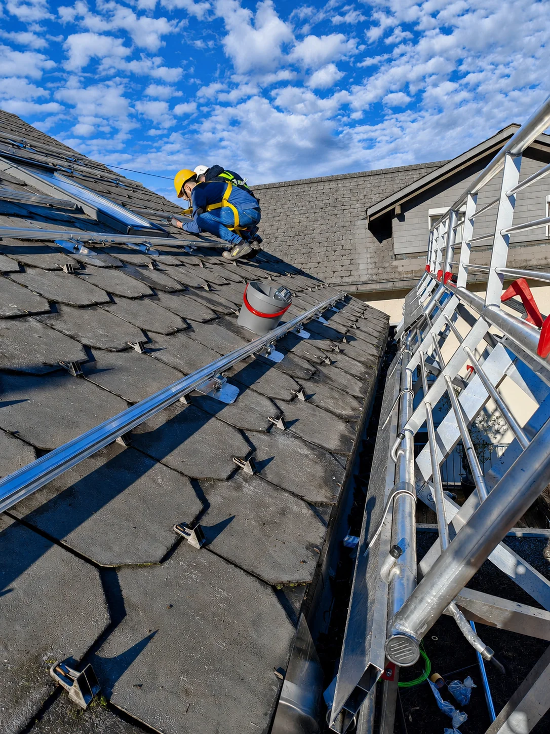 Gesicherter Photovoltaik-Monteur bei der Arbeit auf einem Schieferdach